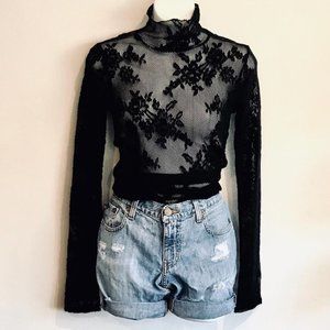 EXPRESS Mock Neck Long Sleeve Black Lace Top